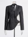 TWOTWINSTYLE Solid Hollow Out Backless Slimming Blazers For Women Notched Collar Long Sleeve Spliced Button Blazer Female New. 