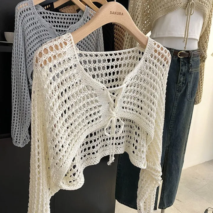 Crochet%20Crop%20Tie%20Front%20Cardigan%20Women%20Long%20Sleeve%20Sheer%20OpenKnit%20Bolero%20Shrug%20Top%20Summer%20Beach%20Bikini%20Cover%20Up%20Y2K%20Outfit%20-%20Image%203