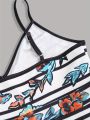 Summer Holiday Flower Leaf Printing Plus Size Dress Trumpet A-Shaped Sling Mini Dress. 