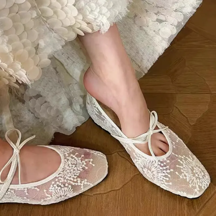 Women's Ballet Flats Floral Mesh Mary Janes Romantic Bowknot Wedding Shoes Elegant Square Toe Summer Flats for Ladies