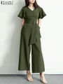 2024 ZANZEA Fashion Women Wide Leg Jumpsuits Summer V Neck Short Sleeve Rompers Elegant OL Casual Playsuits Solid Work Overalls.