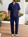 Men's Casual Two Piece Sets Solid Color Lapel Short Sleeve Tops and Long Pants Suits Spring Summer Fashionable Men Sets Clothing. 