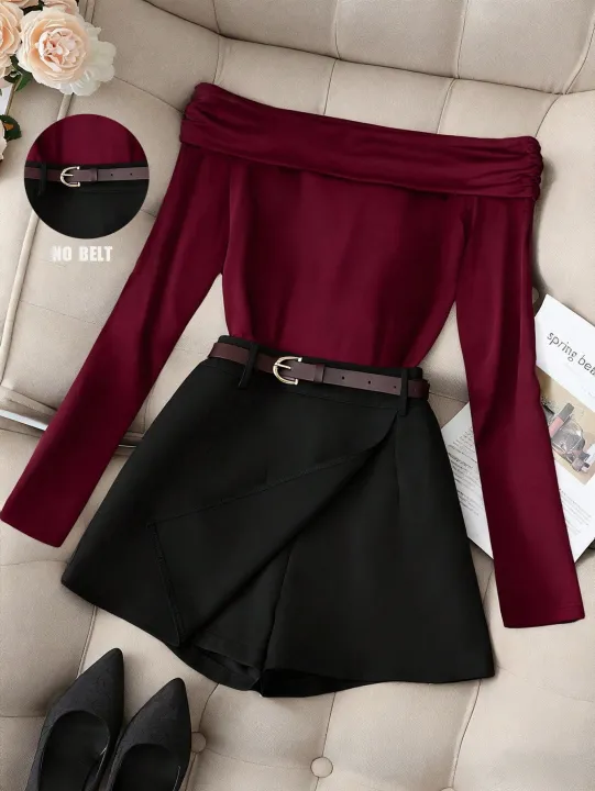 Women's%20Burgundy%20Off-Shoulder%20Long%20Sleeve%20Top%20&%20Black%20Skort%20Set,%20Elegant%20Boss%20Lady%20Style%20Slimming%20Two-Piece%20Outfit%20-%20Image%206