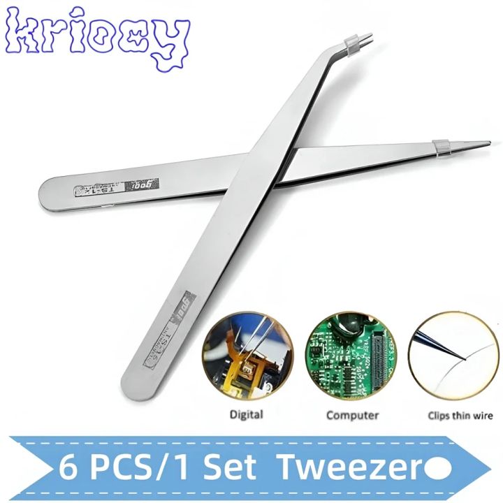 6pcs Stainless Steel Tweezers Excellent Quality Anti-static Slot Nipper Forceps Nail Tool Picking Multi-purpose Sharp Head