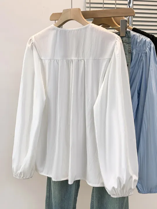 2026%20V-neck%20Long%20Sleeved%20Plus%20Size%20Shirt%20Loose%20Pleated%20Ruffle%20Oversized%20Tops%20Ladies%20Chic%20Elegant%20Solid%20Versatile%20Blouse%20-%20Image%204