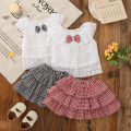 2pc/Set Girls' Suit Summer Bow And Plaid Lace Trim Short Sleeve Casual Toddler Girl Clothes Cute Simple Children Clothes. 