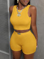 Trendy  Turmeric Ribbed Two-Piece Set Women's Crop Top and Shorts Sporty Casual Set Streetwear Nightclub Outfit. 