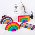 Montessori Wooden Rainbow Stacking Game,Eight Layers Square/Arch Colorful Stacker,Color Recognition Building Blocks Toys. 