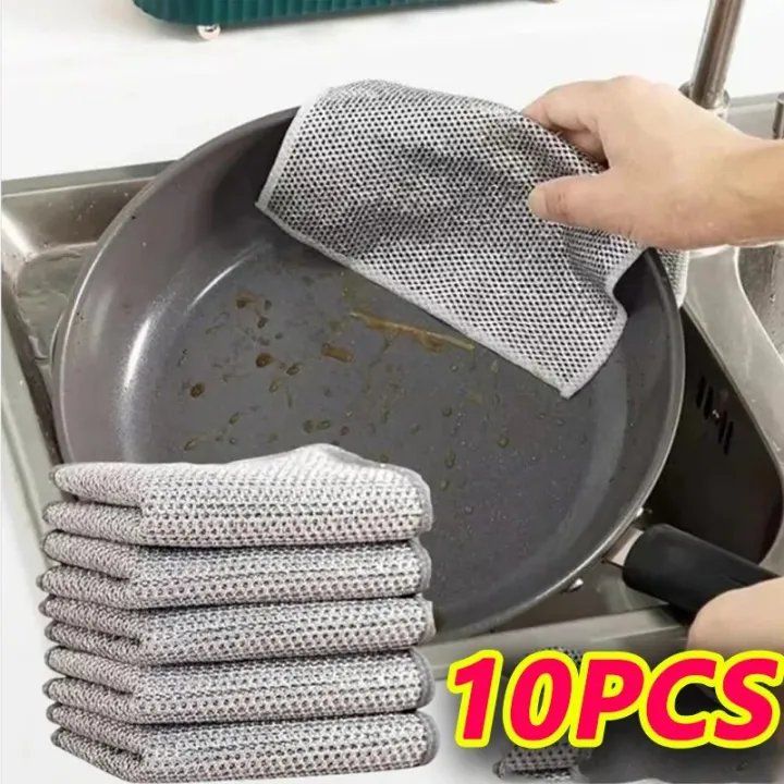 10pcs Magic Dishcloth - Silver Wire Cleaning Kitchen Cloth with Thickened Microfiber & Built-in Sponge Steel Wire Ball