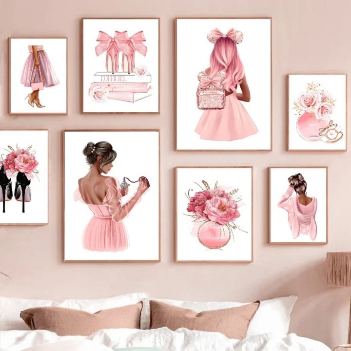 Pink Heels Fashion Girl Paris Perfume Peony Flower Art Canvas Painting ...