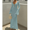 New Style Knitting Hollow Out V-Neck Long Sleeve Dress Ladies Beach Holiday Backless Bikini Cover-Ups Sunscreen Long Dress. 