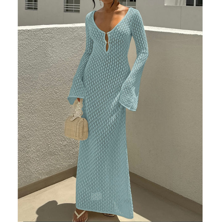 New%20Style%20Knitting%20Hollow%20Out%20V-Neck%20Long%20Sleeve%20Dress%20Ladies%20Beach%20Holiday%20Backless%20Bikini%20Cover-Ups%20Sunscreen%20Long%20Dress%20-%20Image%203