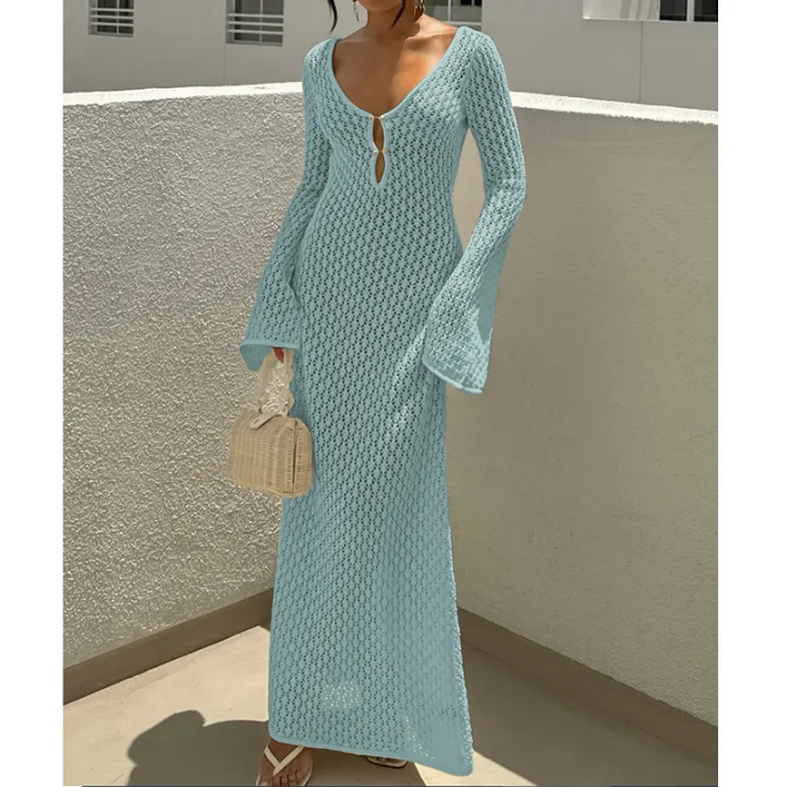 New%20Style%20Knitting%20Hollow%20Out%20V-Neck%20Long%20Sleeve%20Dress%20Ladies%20Beach%20Holiday%20Backless%20Bikini%20Cover-Ups%20Sunscreen%20Long%20Dress%20-%20Image%203