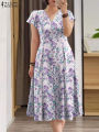 ZANZEA Elegant Women Floral Printed Midi Dress Summer Bohemian Sundress Casual V Neck Short Sleeve Holiday Party Vestido Kaftan. 