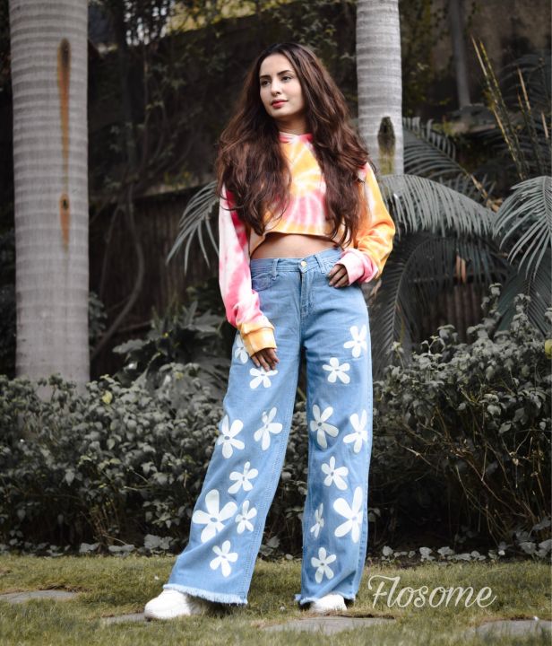 Flower printed Wide Leg Jeans for women