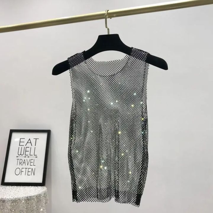 Y2k%20Hot%20Girl%20Vest%20Summer%20New%20Style%20Bright%20Hollow%20Hot%20Diamond%20Bling%20Top%20Super%20Fairy%20Thin%20Net%20Shirt%20Women's%20Trend%20-%20Image%204