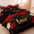 3Pcs Red Rose Heart Letter Love Print Bedding Set Included 1 Duvet Cover & 2 Pillowcases For All-Season Home Hotel Dorm Decor. 