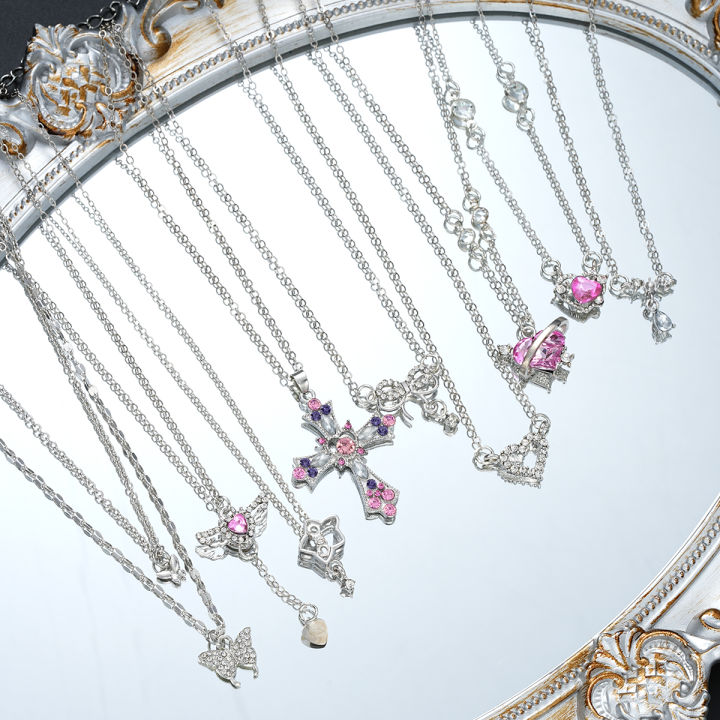 9%20Pcs%20Women's%20Elegant%20Zircon%20Pendants%20Necklace%20Set%20Fashion%20Pink%20Color%20Cross%20Butterfly%20Heart%20Bowknot%20Necklaces%20Party%20Jewelry%20%20-%20Image%205