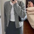 2024 Vintage Long Sleeve Cardigan Women Sweater O-neck Elegant Knitted Top Fashion Autumn Grey Knitwear. 