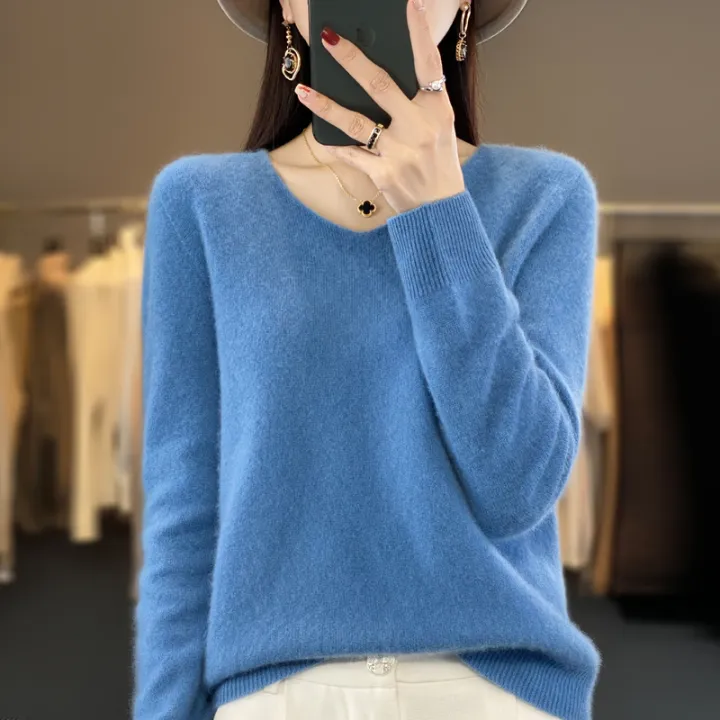2024%20100%25%20Merino%20Pure%20Wool%20V-neck%20Autumn%20And%20Winter%20Pullover%20Sweater%20New%20Cashmere%20Sweater%20Women's%20Casual%20Knitted%20Top%20DMR201%20-%20Image%202