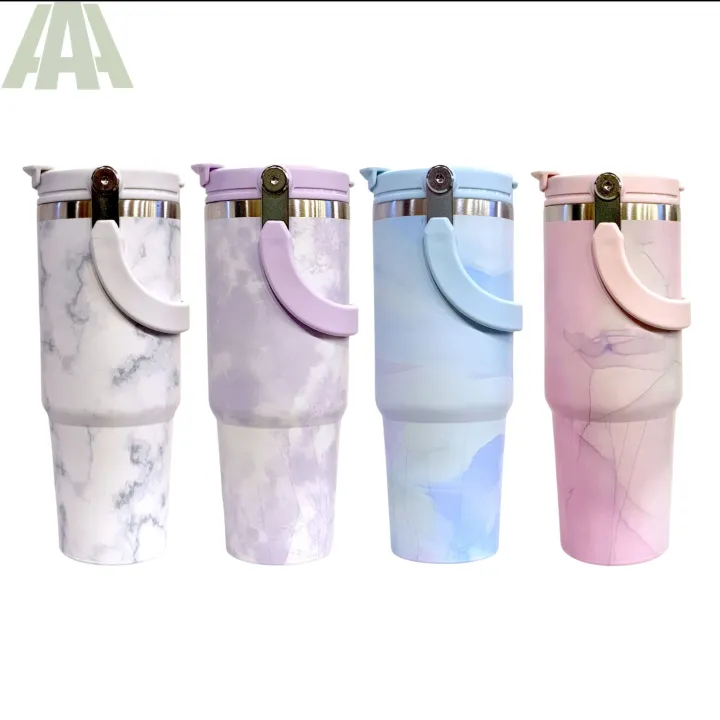 Marble Design Stainless Steel Insulated Tumbler Thermal Cup with Handle ...