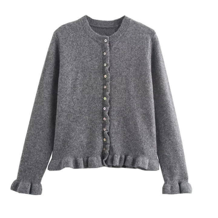 HXAO%20Sweater%20Cardigans%20Ruffle%20Long%20Sleeve%20Knitted%20Cardigan%20For%20Women%20Autumn%20Bolero%20Knitwears%20Button-Down%20Bluey%20Gray%20Cardigan%20-%20Image%203