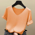 Knitted Short Sleeve Women V-Neck T Shirts 2026 Blue Slim Black Thin Knit Orange Tops Ladies Summer Camiseta Summer T Shirts.
