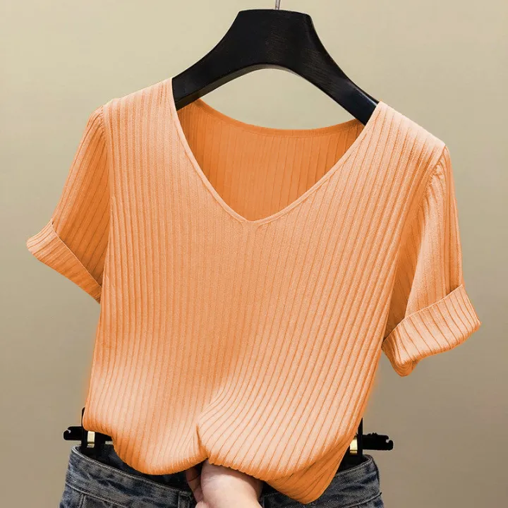 Knitted%20Short%20Sleeve%20Women%20V-Neck%20T%20Shirts%202026%20Blue%20Slim%20Black%20Thin%20Knit%20Orange%20Tops%20Ladies%20Summer%20Camiseta%20Summer%20T%20Shirts%20-%20Image%204