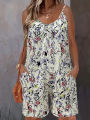 Plus Size Allover Print Cami Romper Jumpsuit, Casual Pocket Ruched Sleeveless Romper Jumpsuit, Women's Plus Size Clothing.