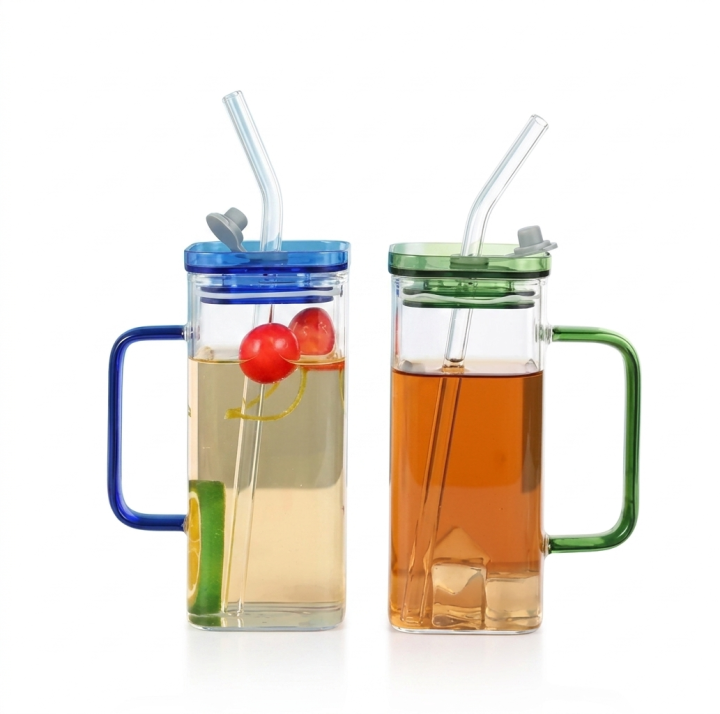 Glass Tumblers Cups With Straw Mason Jar Clear Juice ice cream Coffee Milk Cup With Plastic Lids Drink ware Stripe