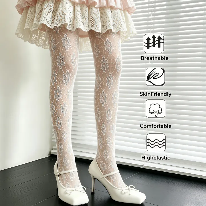 Women's%20White%20Hollow%20Out%20Tights%20French%20Gentle%20Style%20Diamond%20Mesh%20Friendly%20Comfortable%20Versatile%20Pantyhose%20For%20Dating%20Shopping%20-%20Image%205