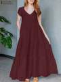 2024 ZANZEA Summer Maxi Long Dress Women Bohemian Holiday Sundress V Neck Short Sleeve Robe Femme Casual Loose Ruffles Vestidos.