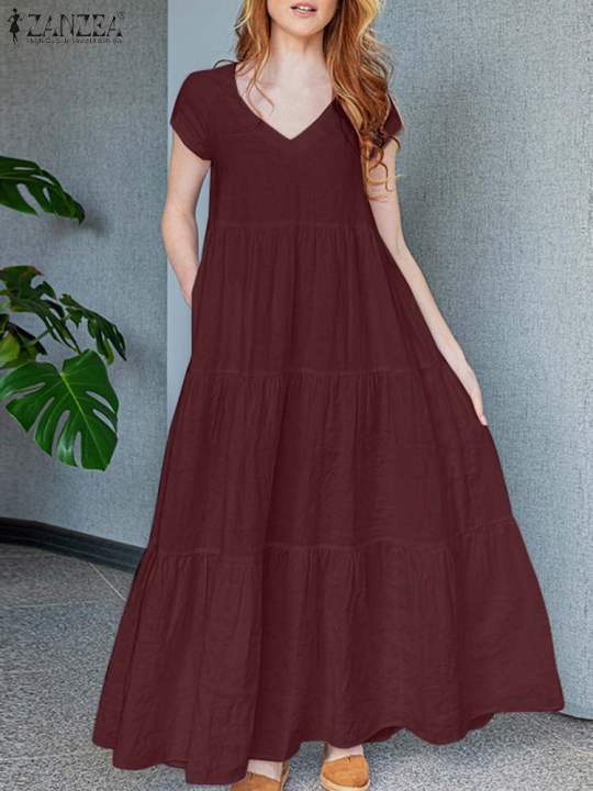 2024%20ZANZEA%20Summer%20Maxi%20Long%20Dress%20Women%20Bohemian%20Holiday%20Sundress%20V%20Neck%20Short%20Sleeve%20Robe%20Femme%20Casual%20Loose%20Ruffles%20Vestidos%20-%20Image%202