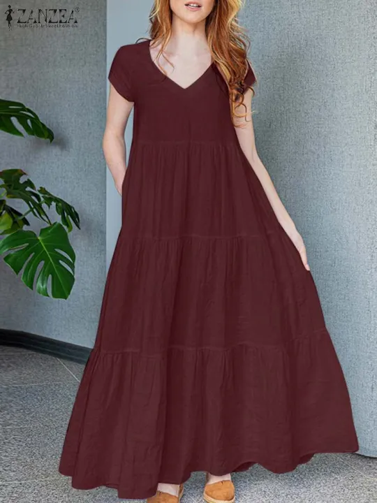 2024%20ZANZEA%20Summer%20Maxi%20Long%20Dress%20Women%20Bohemian%20Holiday%20Sundress%20V%20Neck%20Short%20Sleeve%20Robe%20Femme%20Casual%20Loose%20Ruffles%20Vestidos%20-%20Image%202