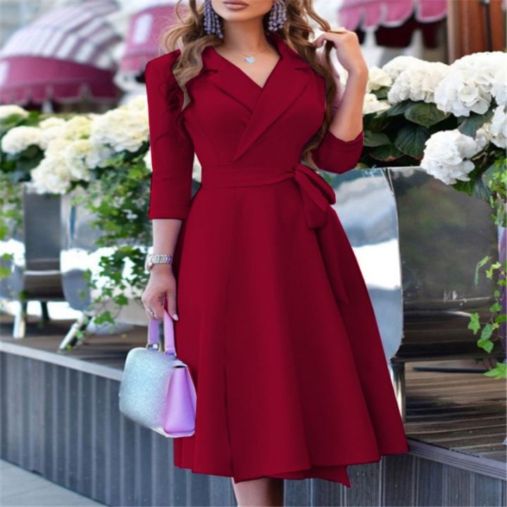 Women's%20Fashion%20V-neck%20Strap%20Waist%20Dress%20New%20Mid-sleeve%20Women's%20Dress%20Temperament%20Commuter%20Women's%20Dress%20-%20Image%203