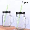 2pcs Glas Mansion Jar with Straw, 430 ml Set of 2, Mock Tail jar/Smoothie jar/Juice Jar (Random Color). 