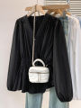 2026 V-neck Long Sleeved Plus Size Shirt Loose Pleated Ruffle Oversized Tops Ladies Chic Elegant Solid Versatile Blouse. 