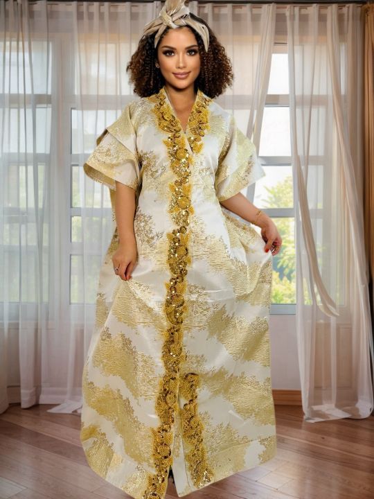 Women's Elegant Rhinestone Embellished Long Kaftan Dress Abaya Shinny Stylish Traditional African Outfit