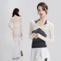 Women Floral Lace Pleated Bow Dance Tops Long Sleeves Pullover Blouses Girls Soft Thin Tulle Casual Tees Yoga Training Crop Top.