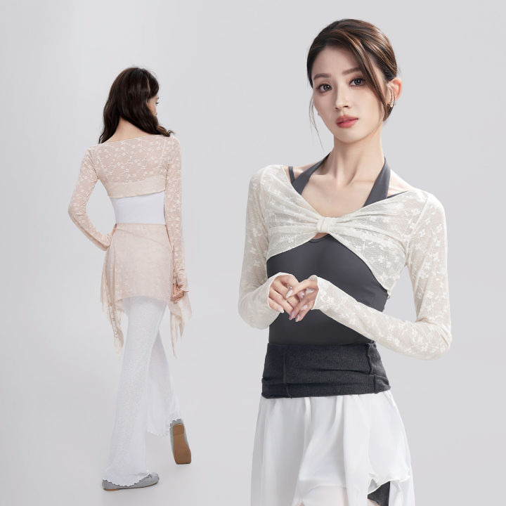 Women Floral Lace Pleated Bow Dance Tops Long Sleeves Pullover Blouses Girls Soft Thin Tulle Casual Tees Yoga Training Crop Top