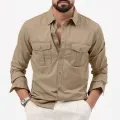 New Men Shirts Long Sleeve Casual Spring Summer Retro Work Multi-pocket Slim Social Business Casual Blouse Solid Color Shirt. 
