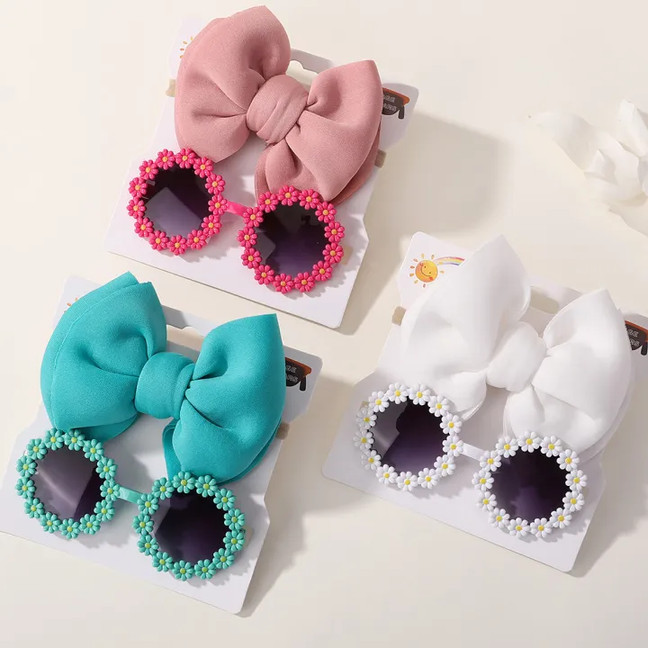 2Pcs/Set Kids Camping Sunglasses Headband Baby Unglasses Elastic Nylon Bohemia Seaside Sun Glasses Bow Headwear