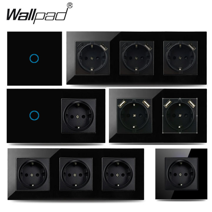 Touch Light Switch With EU USB TypeC Double Triple Wall Sockets Black ...