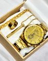 4PCS/MENS WEDDING WATCH DEAL TOP FASHION GOLEN HIGH QUAILITY CASUAL WATCH +CUBAN LOINK CHAIN BRACLET +LOCKET+RING FOR MEN /BOYS. 