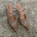 New Summer Women's Sandals Rhinestone Bright Mesh High Heels Footwear Elegant Slingback Pointed Slip on Party Lady Pumps Shoes. 