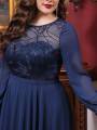 Mgiacy plus size  Round neck see-through sequin embroidery patchwork lantern long sleeve chiffon full skirt Evening gown. 