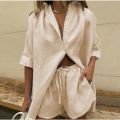 Women's 2 Piece Cotton Linen Outfit Loose Short Sleeve Button Down Shirt Drawstring Elastic Waist Shorts Set Summer Beach Wear.