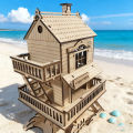 3D wooden house jigsaw puzzle model, DIY construction kit, creative treehouse building set, wooden interlocking blocks. 