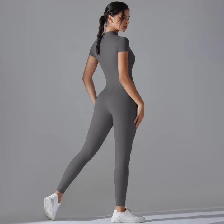 Yoga%20Set%20Women's%20Jumpsuits%20One-Piece%20Suit%20Zipper%20Short%20Sleeve%20Gym%20Push%20Up%20Workout%20Clothes%20Fitness%20Bodysuit%20Sportswear%20Tracksuit%20-%20Image%203