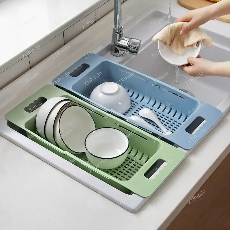 Retractable Drain Basket Sink Drain Basket Rectangular Drain Basin Kitchen Household Plastic Wash Basin Drain Bowl Rack
